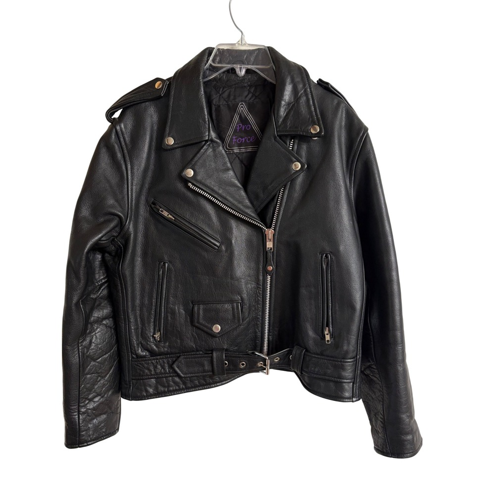 Vintage Pro Force Black Leather Biker Jacket Moto Belted Asymmetrical Zip Women